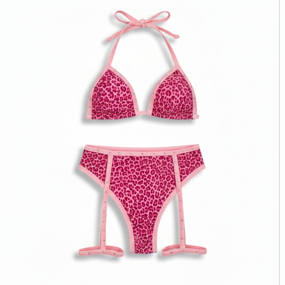 NEW 2 PIECE PINK RHINESONE LEOPARD FESTIVAL SET